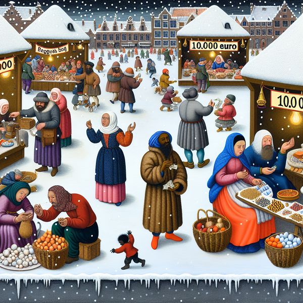 Drukke wintermarkt met mensen die handel drijven te midden van sneeuwbedekte kraampjes, met een poster die 100.000 euro aangeeft