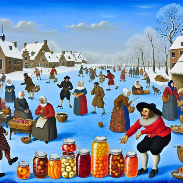 Vrolijke wintermarkt met fruitconserven en schaatsen Een levendig winterse scène met een vrolijke verkoper die kleurrijke fruitconserven aanbiedt op een druk marktplein, met schaatsende figuren op de achtergrond.
