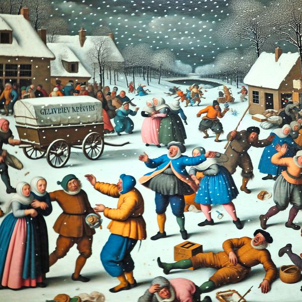 Drukke wintermarkt met frustratie en chaos Een levendig winterlandschap met een drukke markt, waar mensen gefrustreerd discussiëren terwijl een bezorgkar vastzit in de sneeuw.