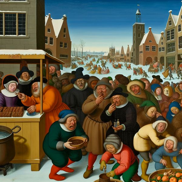 Een wintermarkt met mensen die chocolade proeven, terwijl één persoon een gezicht van afschuw toont door de bittere smaak.