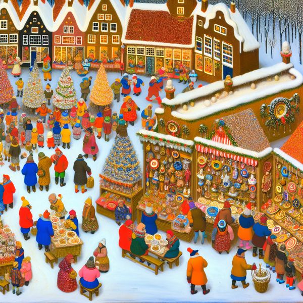 Kitsch Winterse Feestmarkt met Overdreven Decoraties Een levendig winterscenario met een feestelijke markt vol kitschdecoraties en mensen die genieten van de kerststemming.