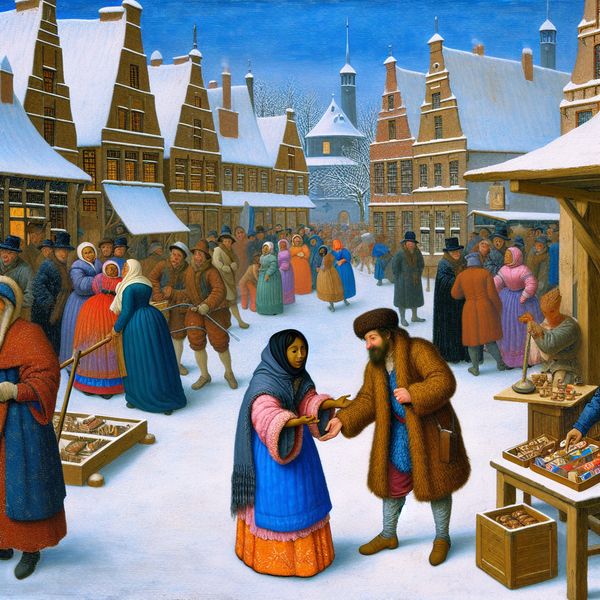 Wintermarkt met Klacht Indienen Een levendig winterlandschap met mensen in een drukke markt, waarbij een vrouw een gebroken product toont aan een marktmanager.
