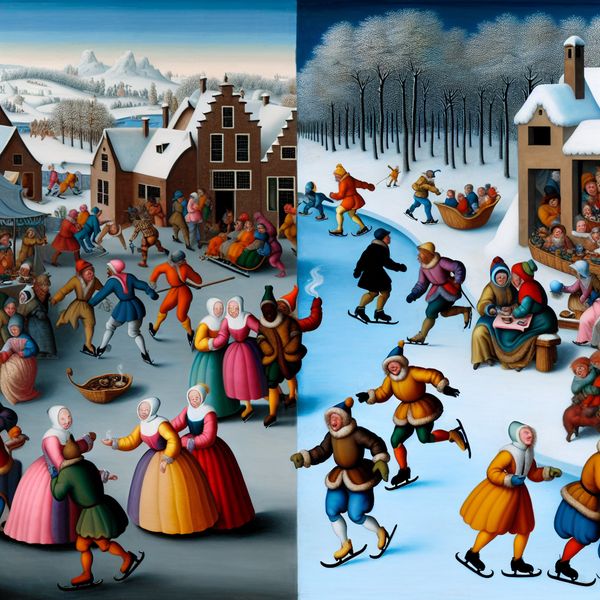Vivid wintermarkt met schaatsers op bevroren vijver en mensen die genieten van warme chocolademelk