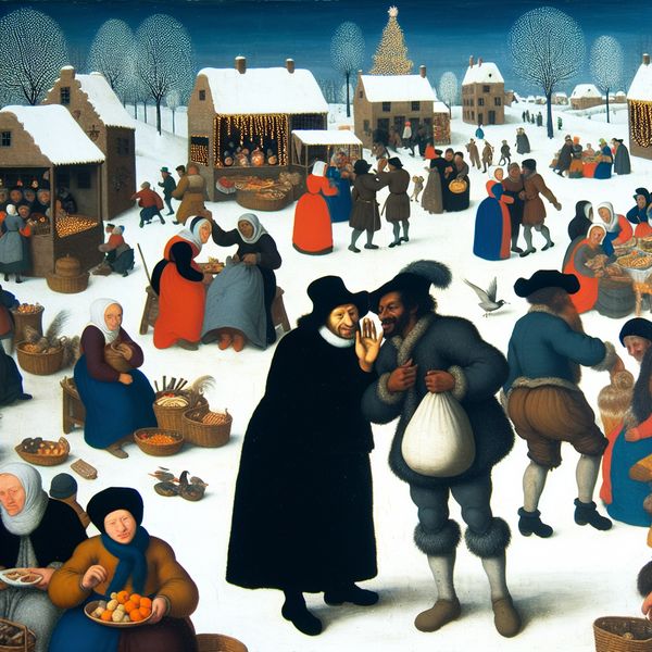 Een winterse marktscène met mensen die schimmige deals sluiten en goederen uitwisselen in een levendige omgeving.