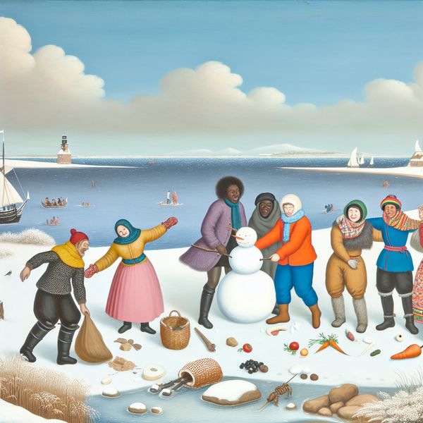 Een groep vrienden maakt een sneeuwpop op een sneeuwstrand tijdens hun winteruitje.