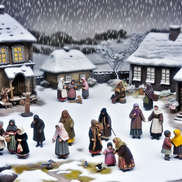 Dromerig winters tafereel met een besneeuwd dorp, koude bewoners en spelende kinderen in zware kleding.