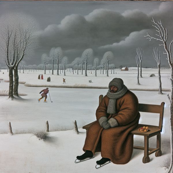 Een persoon op een bank in een winters landschap in Avercamp-stijl, kijken naar een sombere lucht.