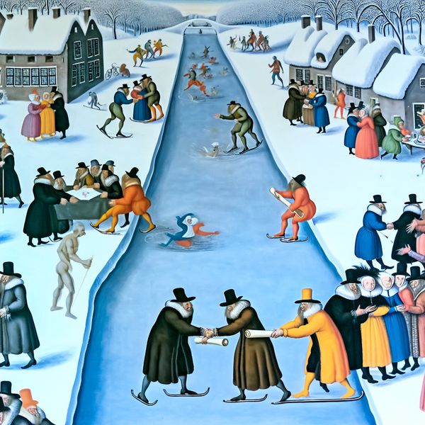 Historische winterscène met overeenkomst tussen partijen - vergelijking en schikking Twee groepen mensen schudden handen op een bevroren kanaal in een winterdorp, symboliserend een juridische overeenkomst of schikking na onderhandelingen