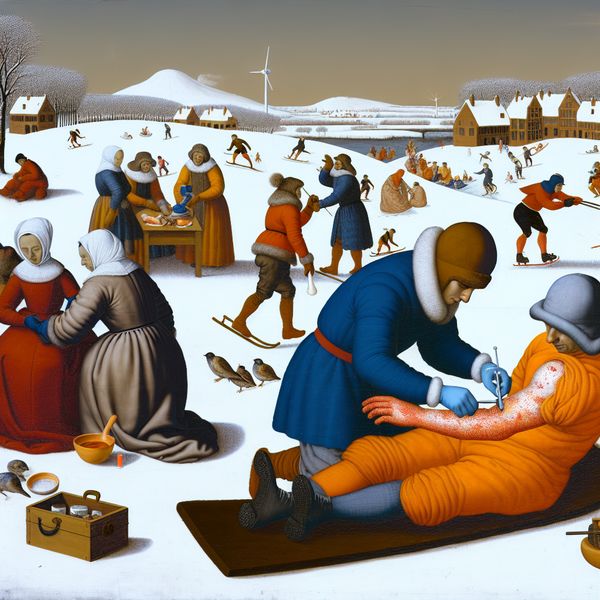 Winterse activiteit met aandacht voor ontsteking Een winterse scène met mensen die buitenactiviteiten ondernemen, waaronder een persoon die een andere helpt met een ontsteking op de arm, omringd door toeschouwers.