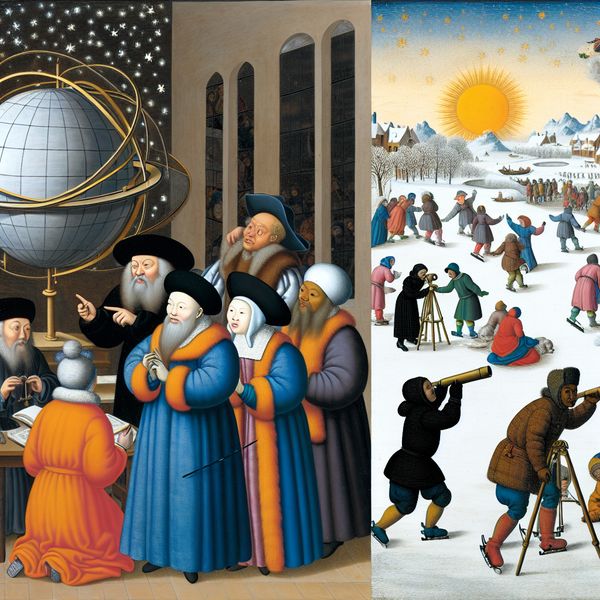 Groep wetenschappers en astronomen rond een grote sterrenbol in een winterlandschap, met kinderen die naar de sterren kijken.
