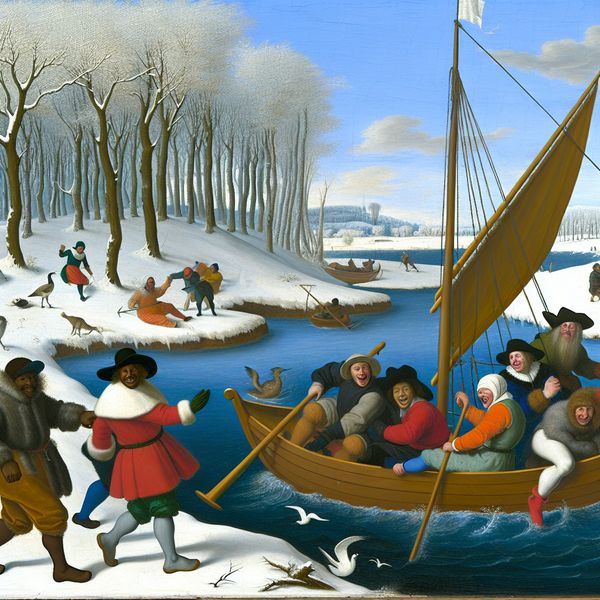 Vrolijke winterse boottocht met vrienden op de rivier Een winterse scène met vrienden in een kleurrijke boot op een bevroren rivier, omringd door sneeuwbedekte bomen.