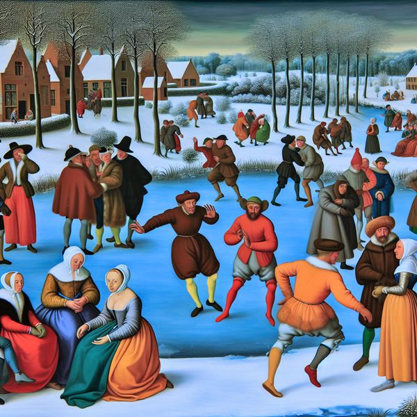 Een winterse scène met een groep mensen die praten op een bevroren meer, met één persoon die abrupt wegdraait.