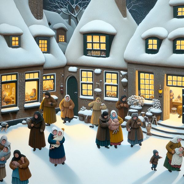 Winterse dorpsgemeenschap: bescherming en warmte in een sneeuwlandschap Drukbevolkte sneeuwrijke dorpsstraat bij schemering, waar mensen samen warmte en bescherming zoeken tegen de winterkou, in de stijl van Hendrick Avercamp