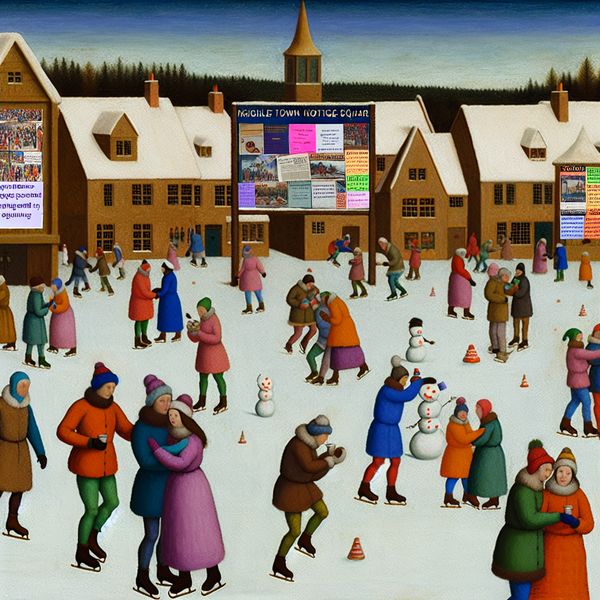 Winterse dorpsplein activiteiten in een levendig landschap Een winterlandschap met een drukke dorpsplein vol mensen die plezier maken, schaatsen, sneeuwpoppen bouwen en warme chocolademelk drinken