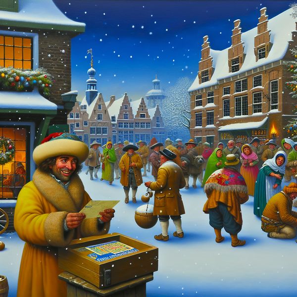 Vrolijke winterse dorpsscène met loterijactiviteit Lentebode man met lot in levendige winterse dorpsplein, spelende mensen en traditionele Nederlandse architectuur