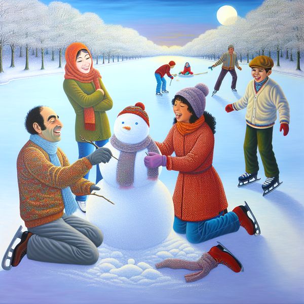Een diverse familie van vier bouwt samen een sneeuwpop in de sneeuw