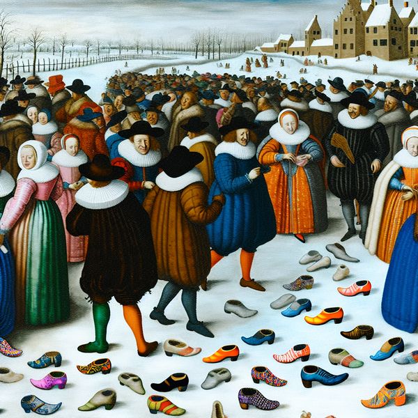Winterse Feestelijkheden met Kleurige Voetbedekking Een druk winterse scène met feestelijke mensen in kleurrijke schoenen, in de stijl van Hendrick Avercamp.