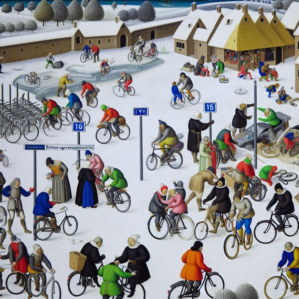 Winterse Fietsers bij Nieuwe Fietsenstallingen in Avercamp-stijl Winterse scène van fietsers bij nieuwe fietsenstallingen, met sneeuw en levendige interacties