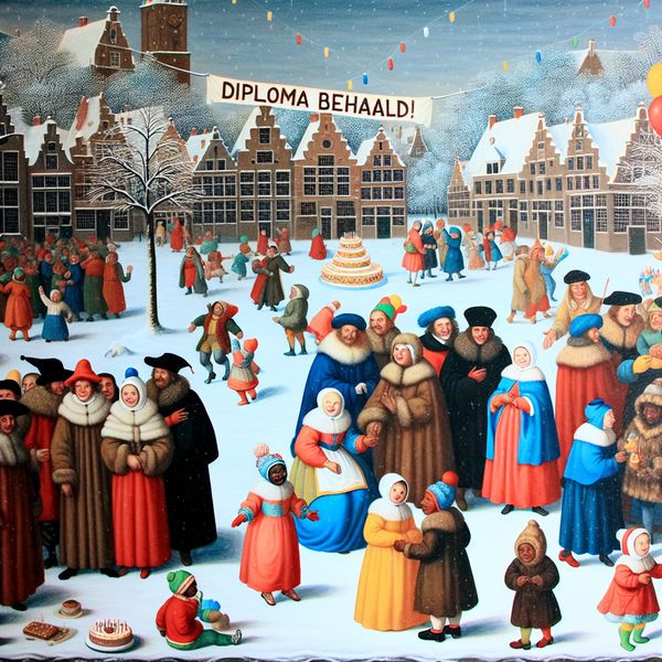 Winterse Gemeenschapsviering: Diploma Behaald! Een levendige winterse scène met een diverse groep mensen die in het stadsplein een diploma viering houden met ballonnen en een spandoek 'Diploma Behaald!'