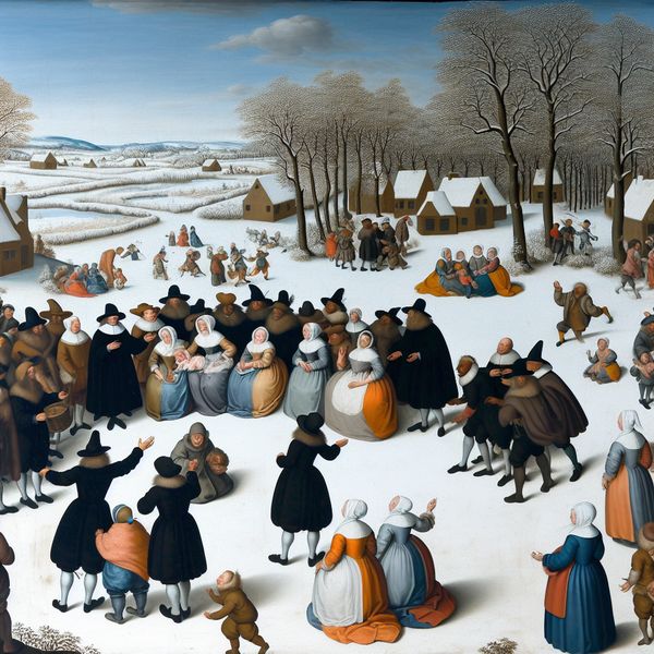 Groep diverse mensen in winterlandschap in discussie over een voorstel, geïnspireerd door Hendrick Avercamp.