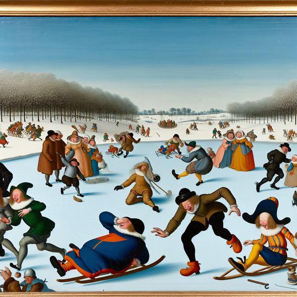 Verrassende winterse humor in de stijl van Hendrick Avercamp Een levendig winterlandschap met mensen die verschillende grappige acties uitvoeren, zoals uitglijden op ijs en kinderen vermaken. Het toont de vreugde en humor van een gemeenschapsactiviteit in de sneeuw.
