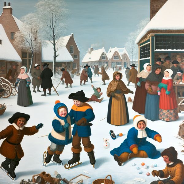 Landschap in de winter met kinderen die buiten spelen in de sneeuw, zoals een sneeuwpop maken en schaatsen, met een drukke markt op de achtergrond.