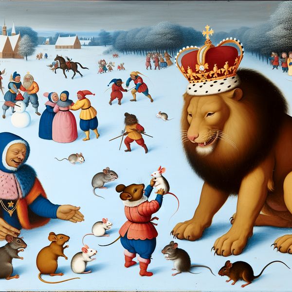 Vrolijke winterse fabel met een leeuw en dieren Een leeuw met een kroon speelt met een muis in een sneeuwlandschap, omringd door andere dieren zoals konijnen.