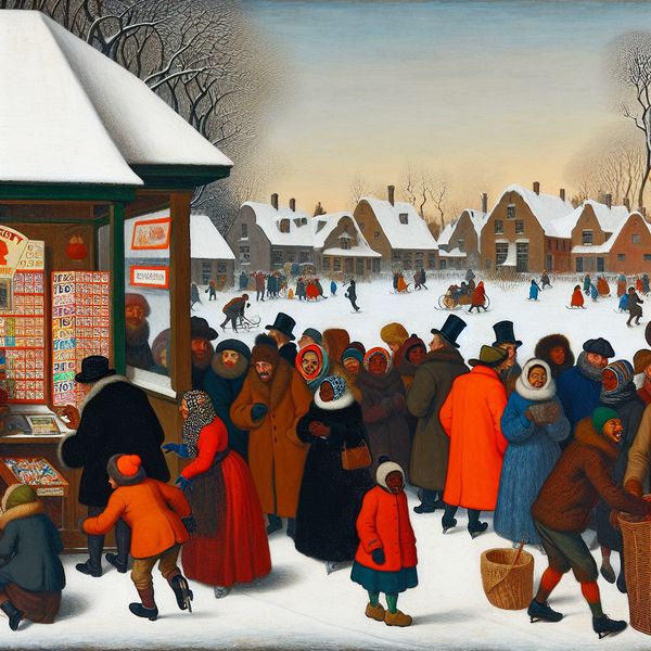 Groep mensen in warme kleding rond een loterijkraampje in de winter, met kinderen die kunstschaatsen en volwassenen die gezellig praten.