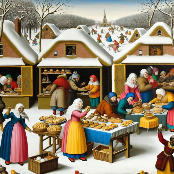 Winterse marktscene met bakkers en kleurrijke kraampjes, met klanten die verse producten bekijken in een sfeervolle omgeving vol sneeuw.