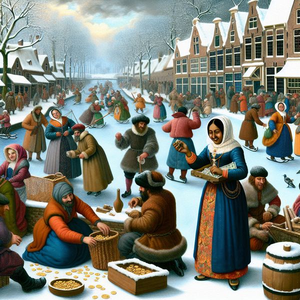Een druk wintertafereel in een kleine Nederlandse stad met mensen die handelen, vieren en praten in een marktsquare onder een lichte sneeuwval.