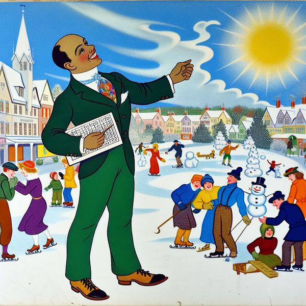 Vooruitziende Meteoroloog in Winterdorp Een meteoroloog in een drukke winterscène met een weerkaart, terwijl hij naar de heldere lucht wijst, omringd door vrolijke dorpelingen.