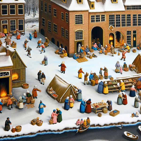 Gedetailleerde winterse scène van een warme en gastvrije tijdelijke opvanginstelling in de stijl van Hendrick Avercamp, met kinderen, vluchtelingen en daklozen die verzorgd worden