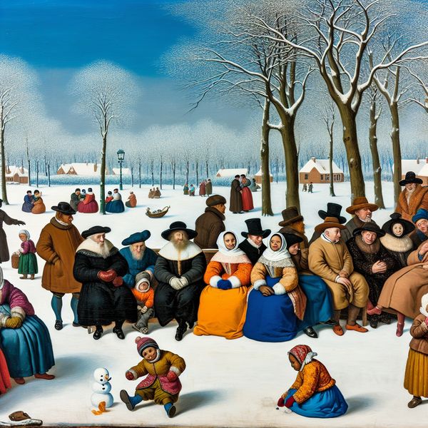 Winterse Park Scène met Mensen die Wachten Een kleurrijke winterse park scène met mensen in warme kleren die op banken zitten terwijl ze wachten, met een kind dat een sneeuwman bouwt.