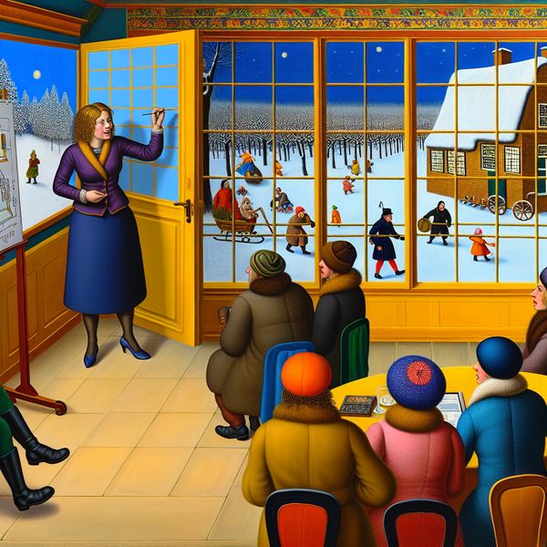 Een vrouw legt een complexe situatie uit aan een groep toehoorders in een lichte vergaderzaal met een winterlandschap op de achtergrond.