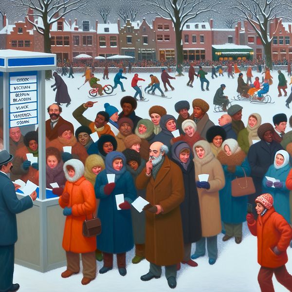 Winterse quiz sfeer in Hendrick Avercamp stijl Winterse scène met mensen die vragen beantwoorden bij een quizstand in de stijl van Hendrick Avercamp
