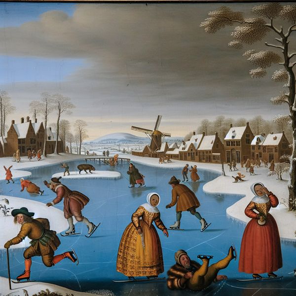 Drukbevolkt wintertafereel op een bevroren kanaal met schaatsers en reizigers onderweg, in de stijl van Hendrick Avercamp