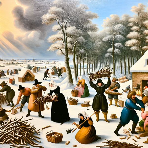 Een winterlandschap met kleine figuren die actief bezig zijn, waaronder een vrouw die een groep aanstuurt bij het verzamelen van hout.