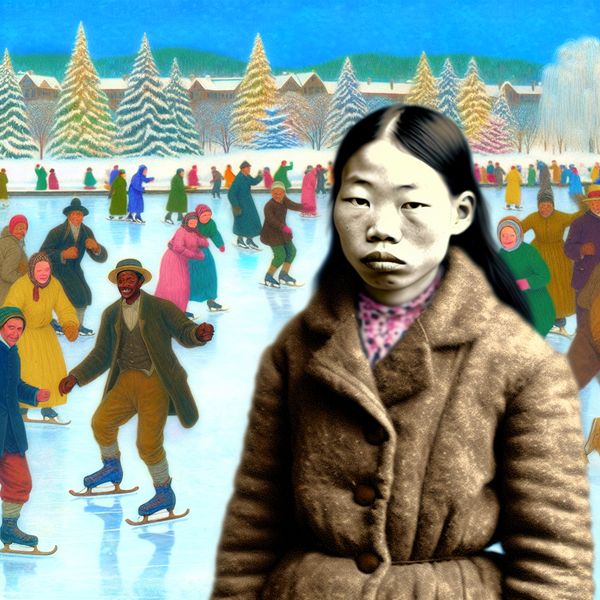 Jonge vrouw in een sneeuwlandschap met een bleke huid, in tegenstelling tot haar vrienden die vrolijk schaatsen.