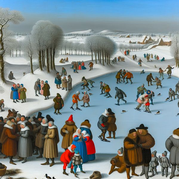 Pittoreske winterseizoen met schaatsers en verwachting Een winterse scène met een bevroren vijver waar mensen wachten en kinderen schaatsen