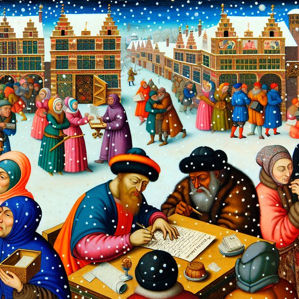 Winterse Scène van Documentinvullen in een Drukke Stadsplein Een persoon vult voorzichtig een formulier in op een houten tafel in een winterse stadssituatie met sneeuw.