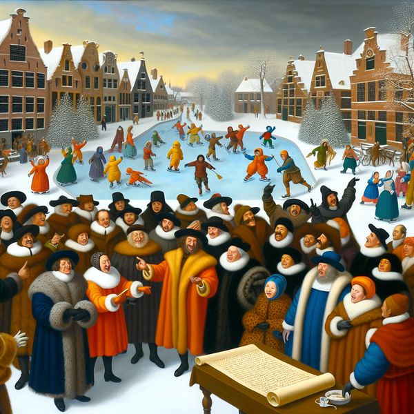 Een bruisende winterse scène in een historische stad met een diverse groep officials die discussiëren over een belangrijk projectvoorstel, omringd door spelende kinderen en schaatsers.