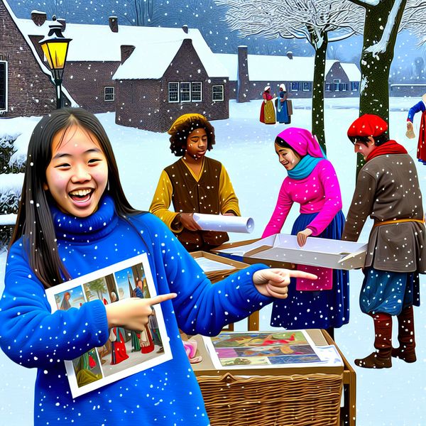 Winterse scènes van kinderen die plezier hebben met schoolopdrachten Een meisje dat blij een schoolopdracht vasthoudt terwijl ze met vrienden speelt in een sneeuwachtige winteromgeving.
