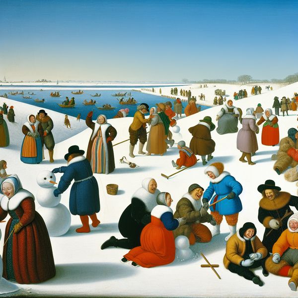 Een winterse scène met vrolijke mensen die plezier maken op het strand in de sneeuw.