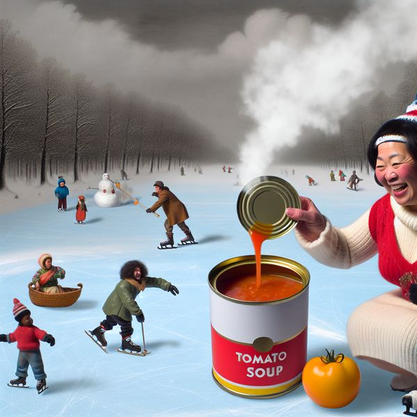 Lente winterse scène met mensen en blik tomatensoep Groep mensen in een winterse sneeuwlandschap, met één persoon die een blik tomatensoep opent en stoom er vanaf komt.