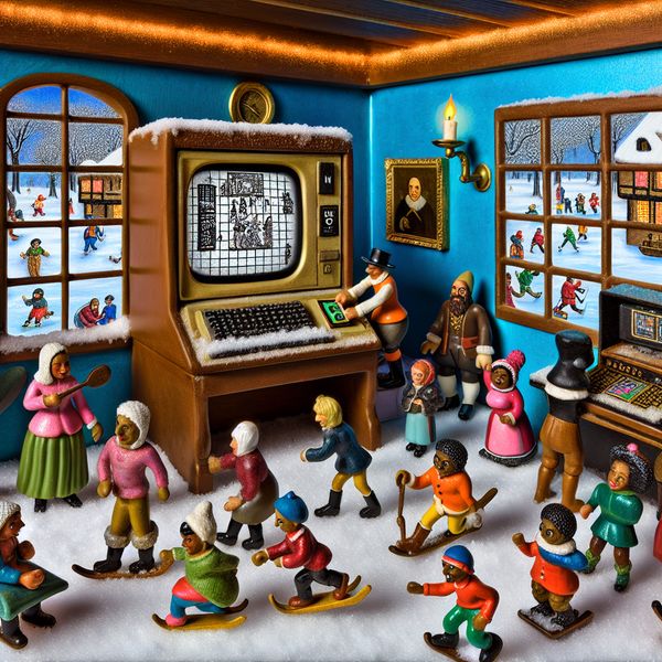 Lively Winter Scene with Vintage Computer and EXIT Game Een levendige winterscène met een groep kleine figuren rond een vintage computer, terwijl sneeuw buiten valt.