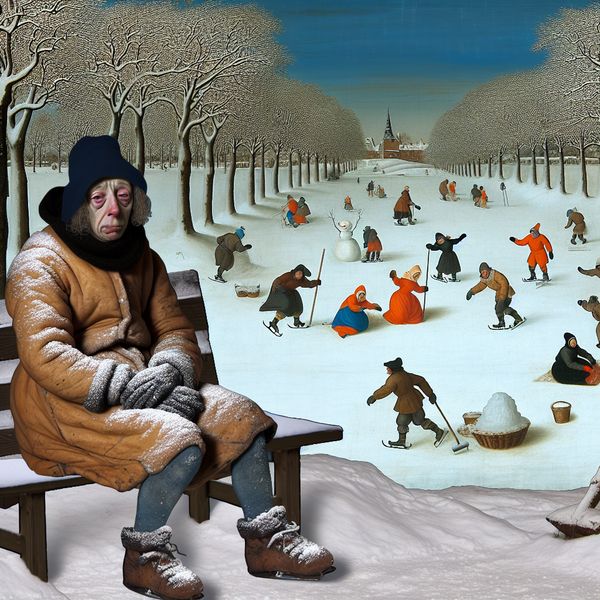 Winterse Scène van Alleenstaande Vrouw Een vrouw zit alleen op een met sneeuw bedekte parkbank in een winterlandschap, lijkt treurig en onverzorgd terwijl andere mensen plezier hebben.