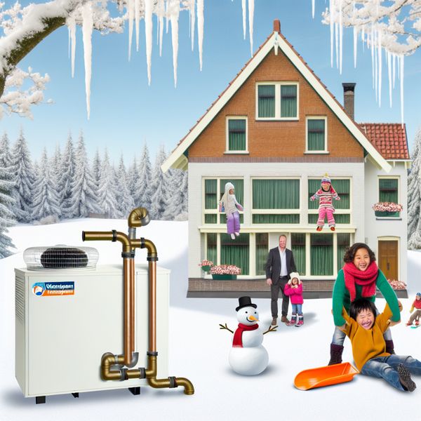 Vibrante winterse scène met warmtepomp en winterplezier Winterse scène met een huis voorzien van een warmtepomp en een gezin dat buiten speelt in de sneeuw, waaronder sleeën en een sneeuwman.