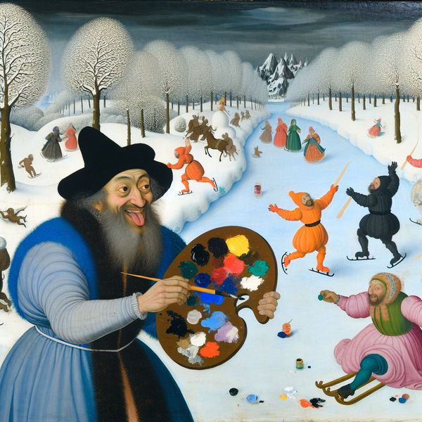 Winterse Schilderkunst – Hendrick Avercamp Geïnspireerd Kunstenares mengt verf op een palet met een levendig sneeuwlandschap op de achtergrond