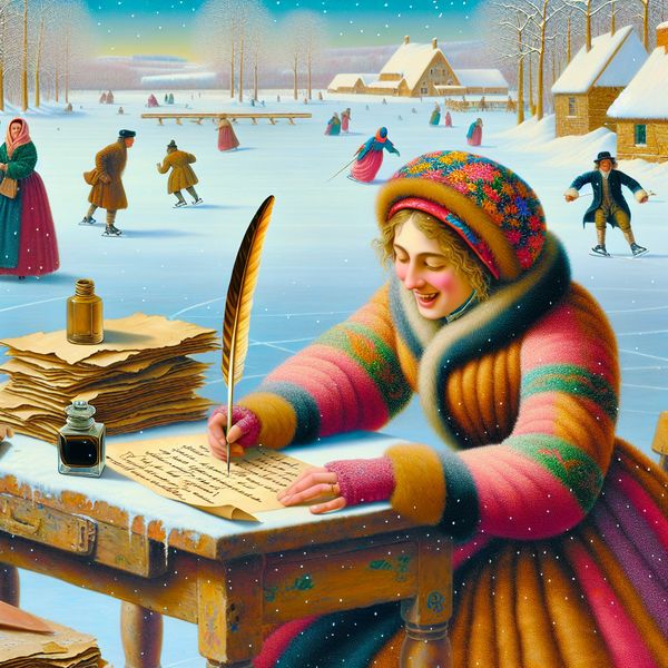 Een jonge vrouw schrijft een brief met een ganzenveer aan een houten tafel in een sneeuwachtige wintersetting, met mensen die ijs skaten op de achtergrond.