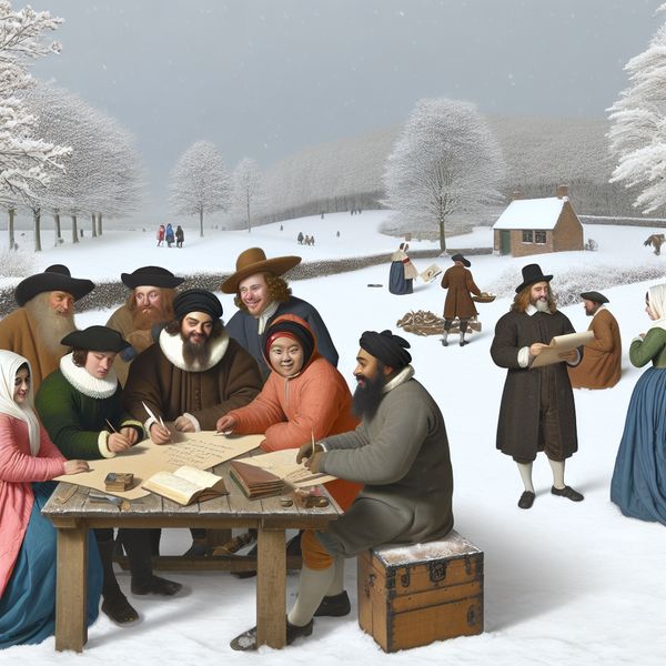 Vrolijke winterse creatie van zinnen buiten Een winterse scène met een groep vrolijke mensen rondom een rustieke houten tafel, bezig met het creëren van zinnen voor een gedicht terwijl de sneeuw valt.